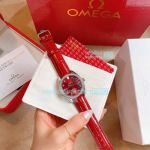 Omega Replica Ladies Watch Red Dial Diamonds Bezel Red Leather Strap 33mm